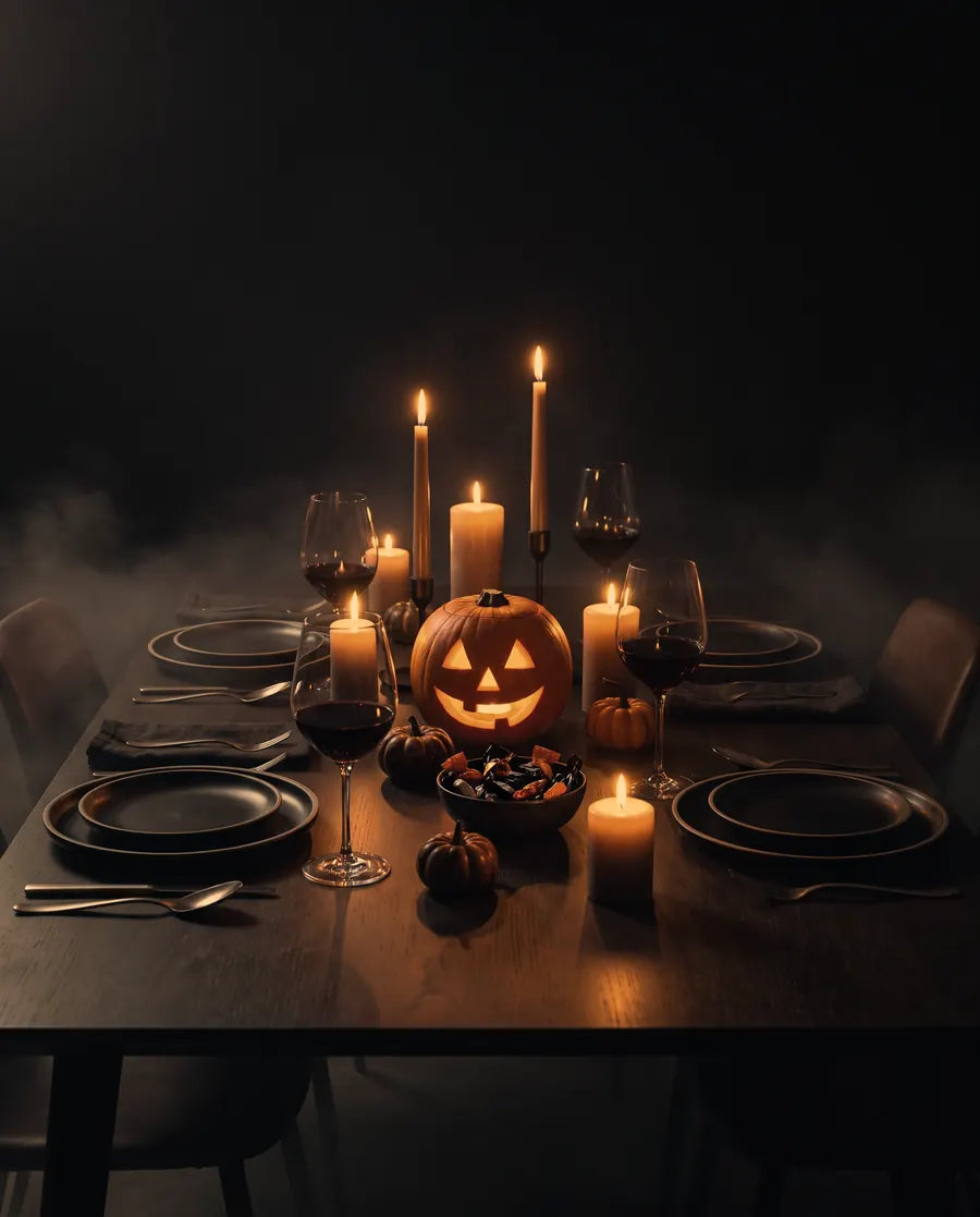 Ein gedeckter Halloween-Tisch mit Kerzen, geschnitztem Kürbis und Weingläsern