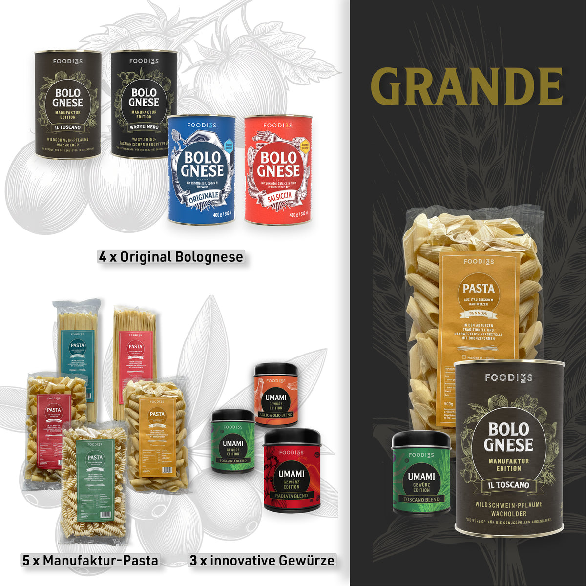Probierpaket Grande: vier Dosen Bolognese, fünf Packungen Pasta und drei Umami-Gewürze
