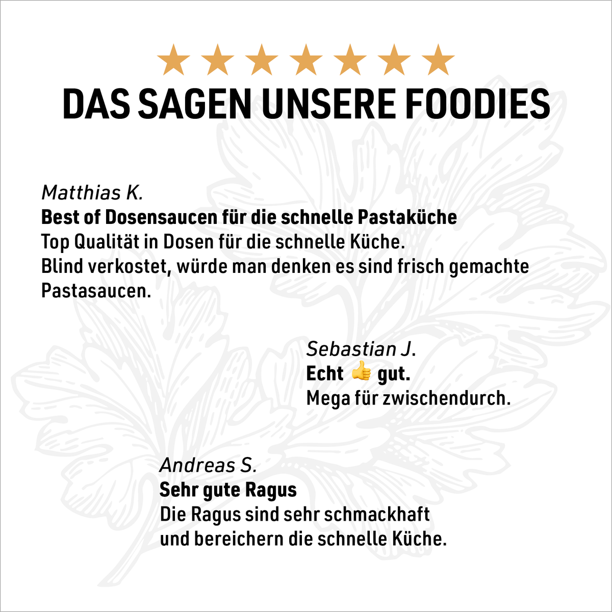 Textbild „Das sagen unsere Foodies“ mit drei kurzen Zitaten