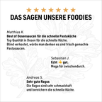 Textbild „Das sagen unsere Foodies“ mit drei kurzen Zitaten