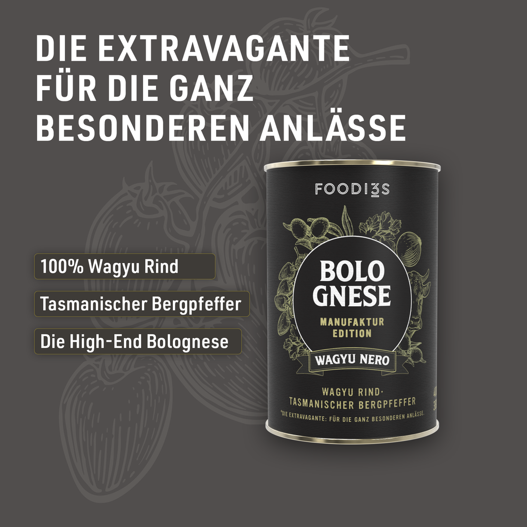 Dose Bolognese Wagyu Nero aus der Manufaktur Edition vor dunkelgrauem Hintergrund