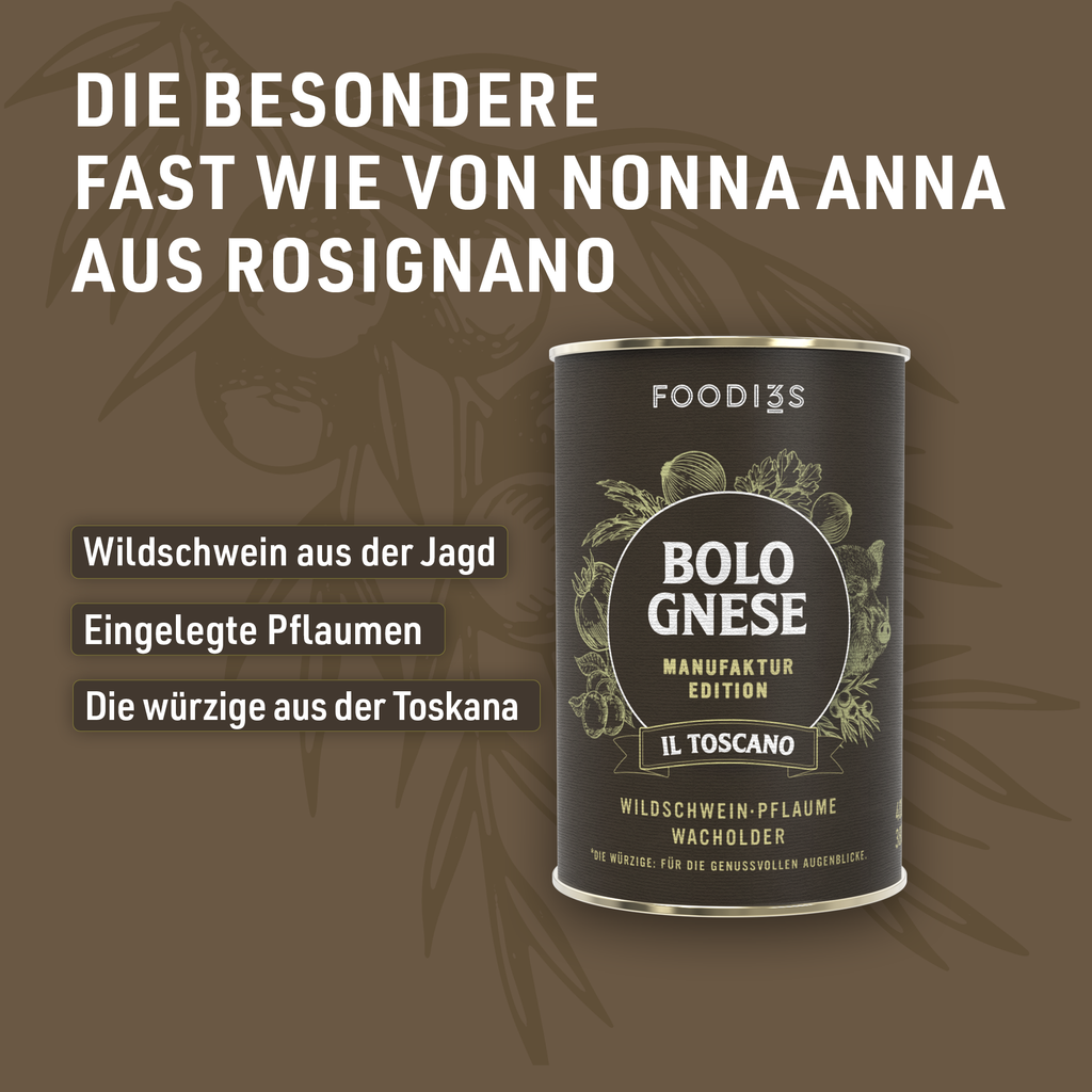 Dose Bolognese Il Toscano aus der Manufaktur Edition vor braunem Hintergrund