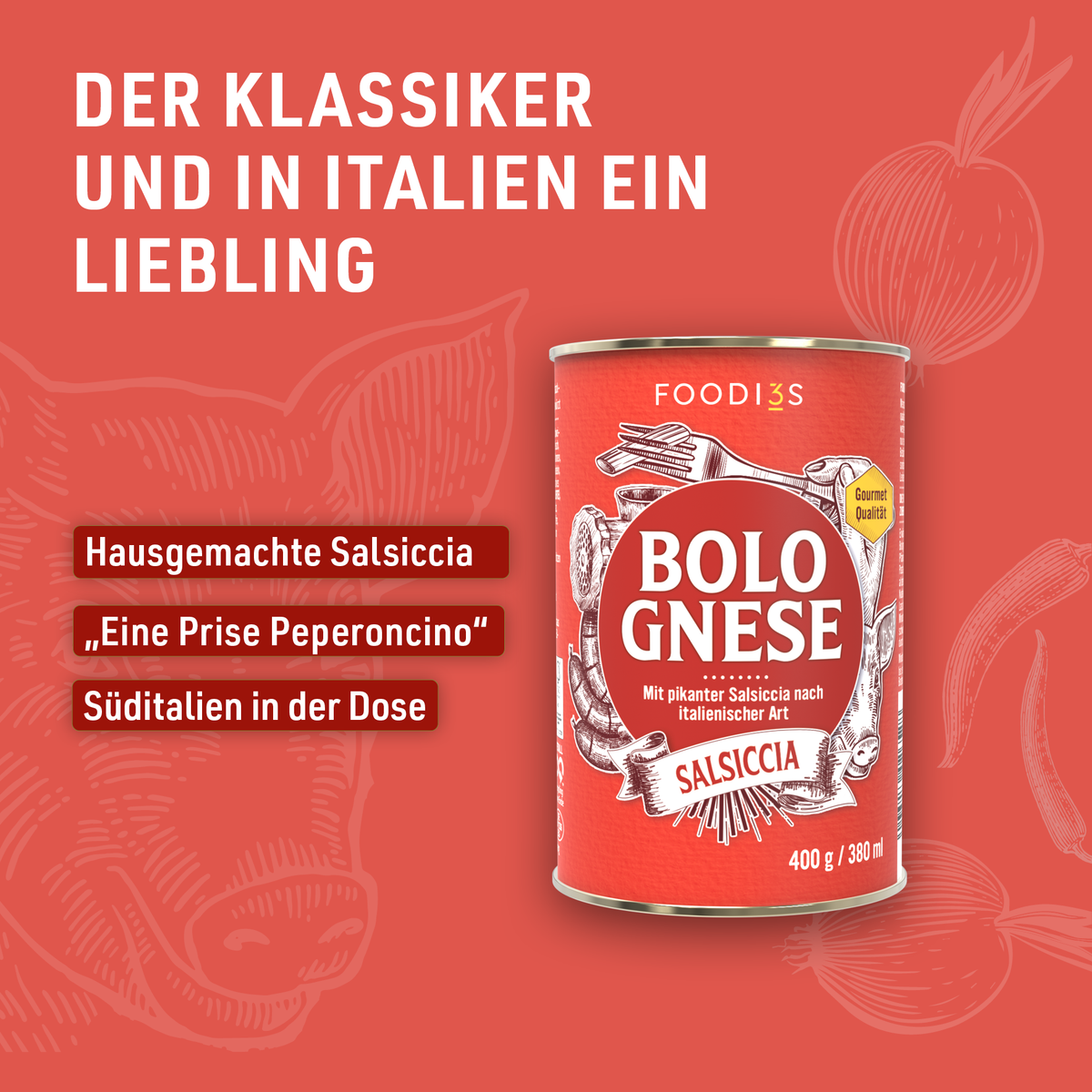 Dose Bolognese Salsiccia vor rotem Hintergrund