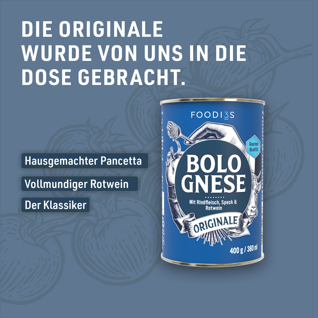 Dose Bolognese Originale vor blauem Hintergrund