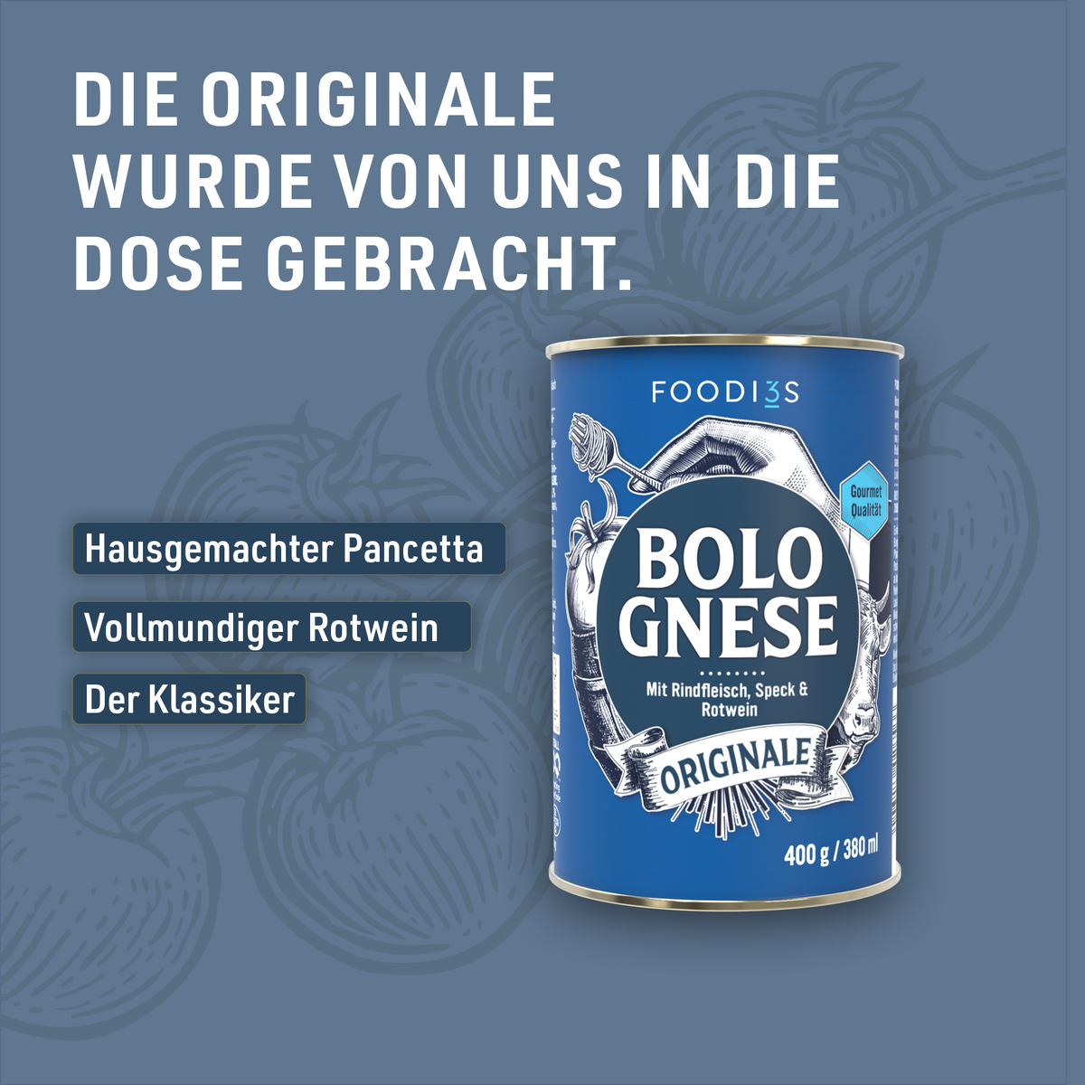 Dose Bolognese Originale vor blauem Hintergrund