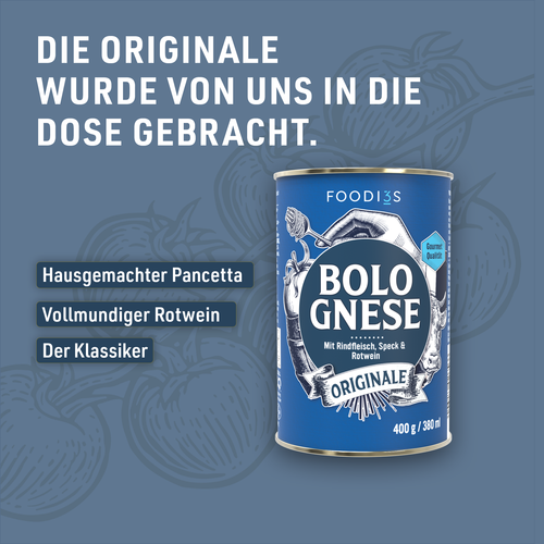 Dose Bolognese Originale vor blauem Hintergrund