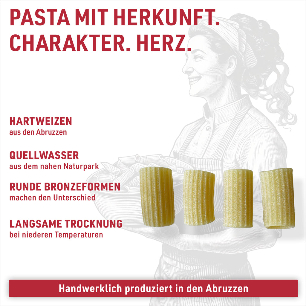 Mezzi Rigatoni: Wasser aus dem Majella-Nationalpark, runde Bronzeformen, 36 bis 48 Stunden langsam getrocknet