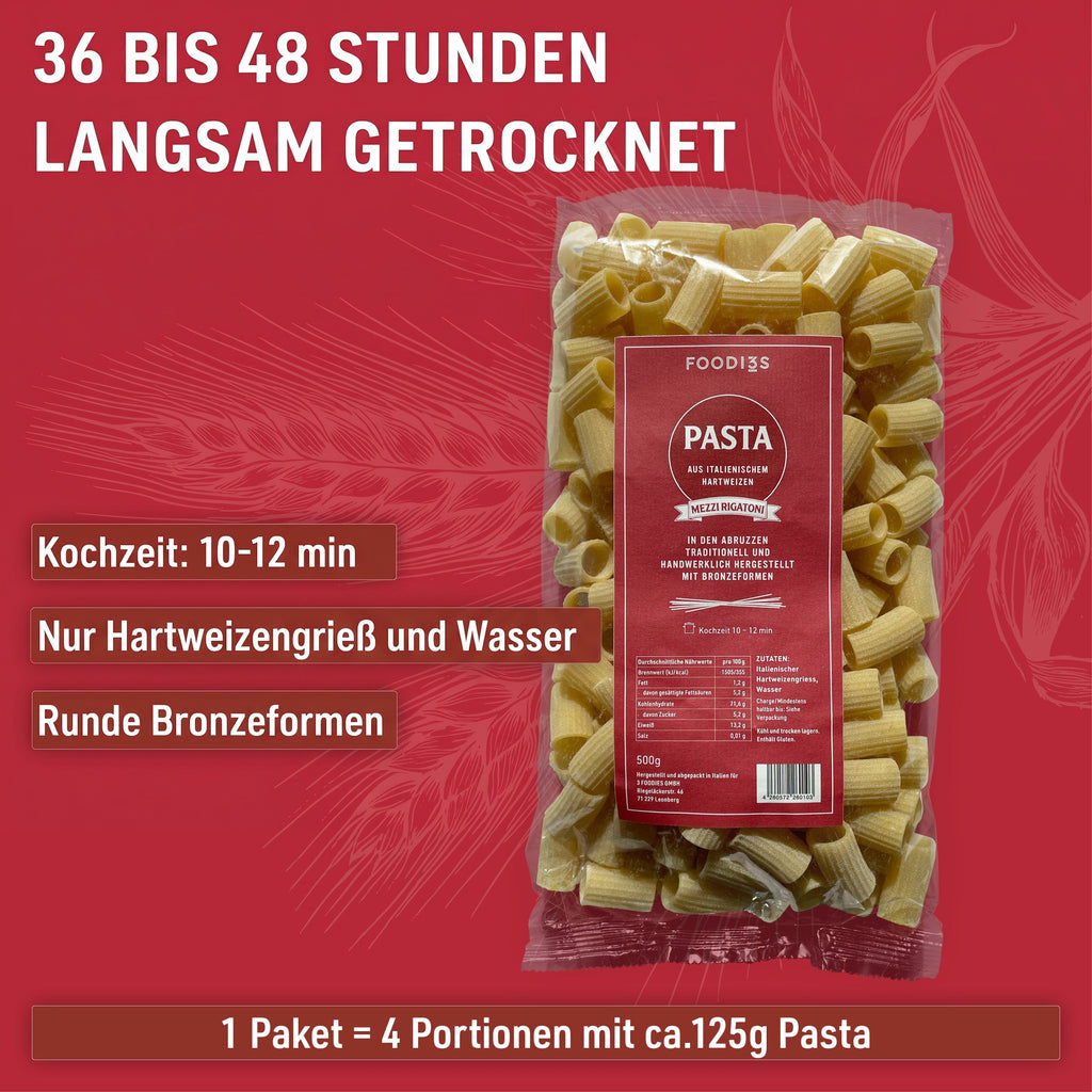 Packung Mezzi Rigatoni: 36 bis 48 Stunden langsam getrocknet. Kochzeit 10 bis 12 Minuten