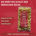 Packung Mezzi Rigatoni: 36 bis 48 Stunden langsam getrocknet. Kochzeit 10 bis 12 Minuten