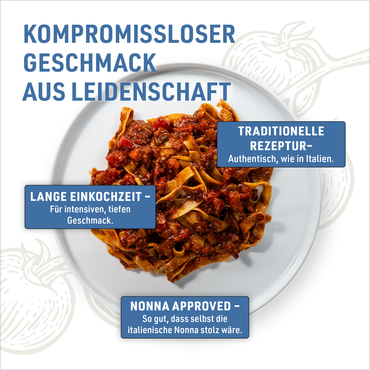 Teller mit breiten Bandnudeln und Bolognese von oben